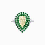 Pear-Shaped Yellow Diamond & Emerald Halo Ring in Platinum 950 with Cabochon Agate Accents