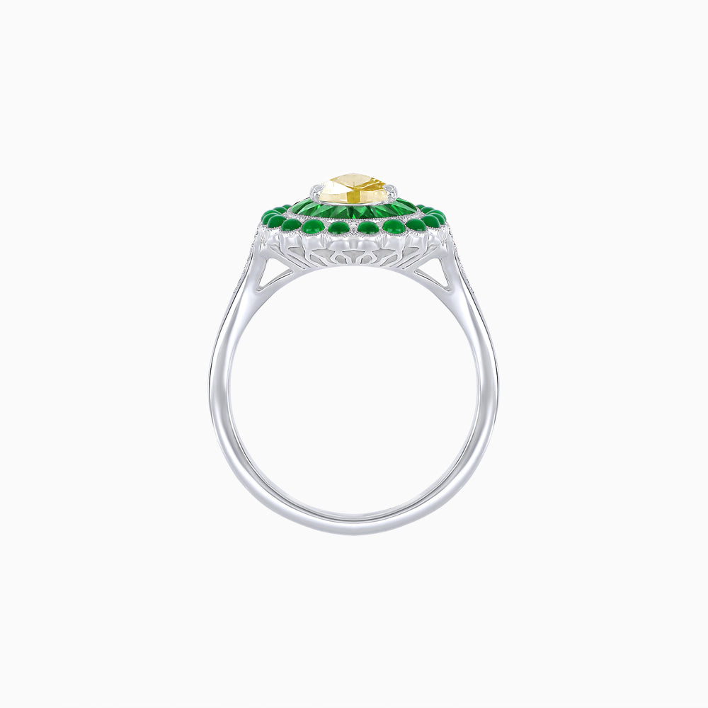 Pear-Shaped Yellow Diamond & Emerald Halo Ring in Platinum 950 with Cabochon Agate Accents