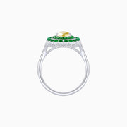 Pear-Shaped Yellow Diamond & Emerald Halo Ring in Platinum 950 with Cabochon Agate Accents