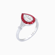 Platinum 950 Pear-Shaped Diamond and Ruby Halo Ring with Split Shank and Vintage Details