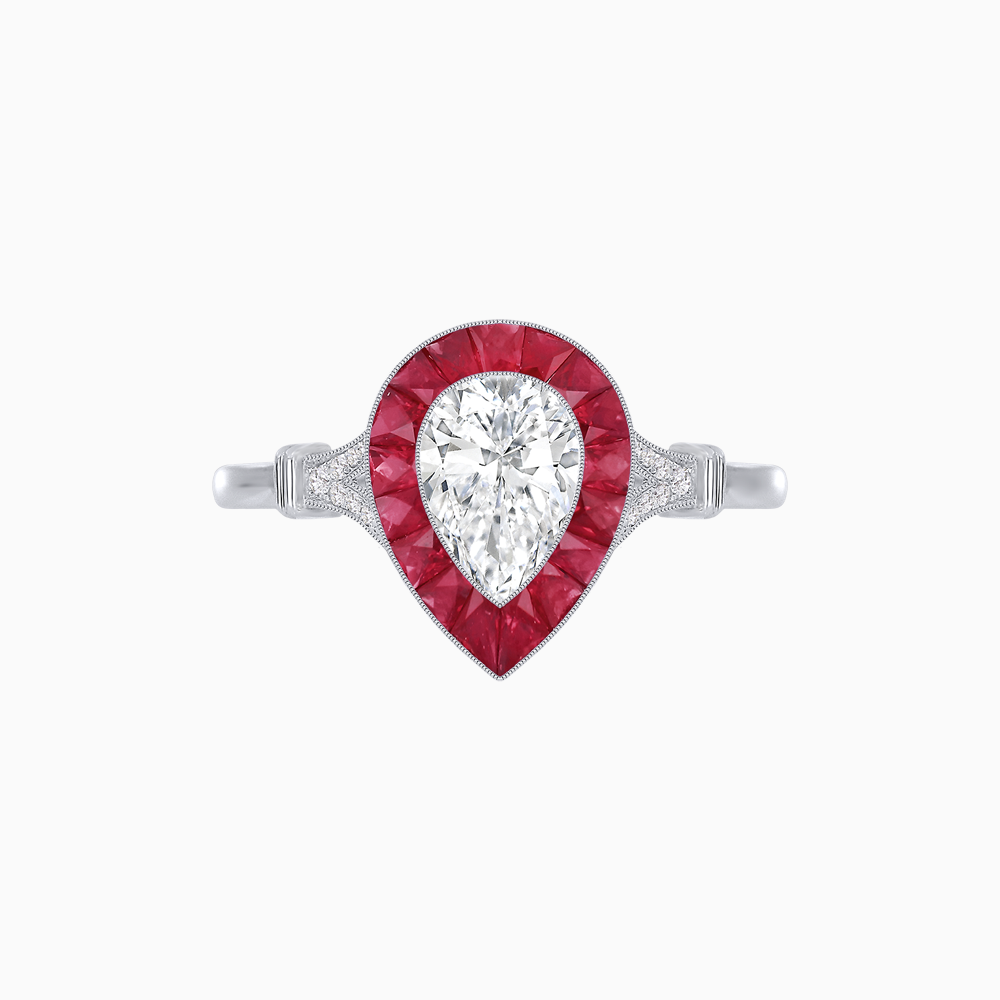 Platinum 950 Pear-Shaped Diamond and Ruby Halo Ring with Split Shank and Vintage Details