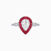 Platinum 950 Pear-Shaped Diamond and Ruby Halo Ring with Split Shank and Vintage Details