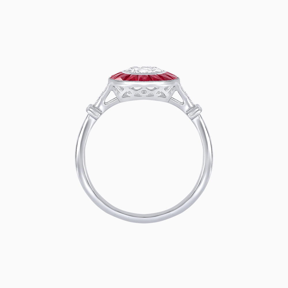 Platinum 950 Pear-Shaped Diamond and Ruby Halo Ring with Split Shank and Vintage Details