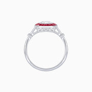 Platinum 950 Pear-Shaped Diamond and Ruby Halo Ring with Split Shank and Vintage Details