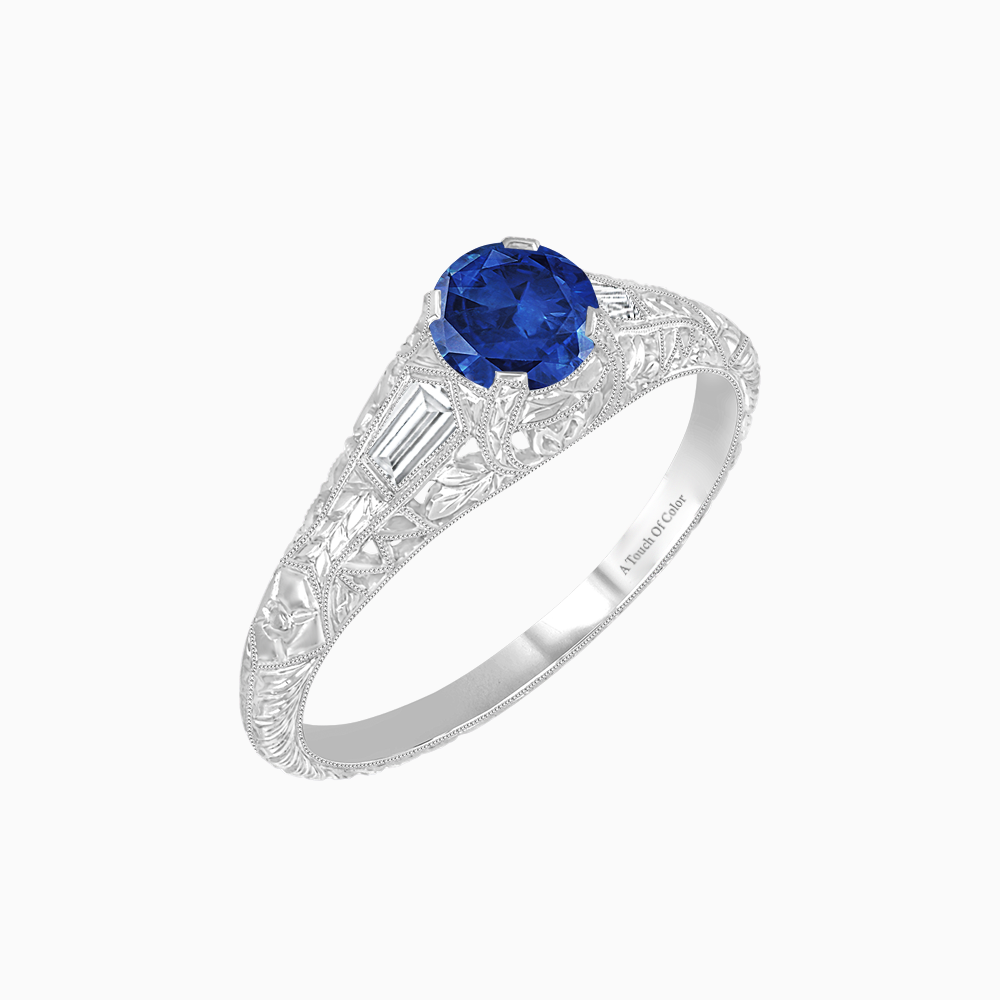 Vintage-Inspired Engraved Sapphire and Diamond Ring in Platinum