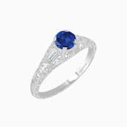 Vintage-Inspired Engraved Sapphire and Diamond Ring in Platinum