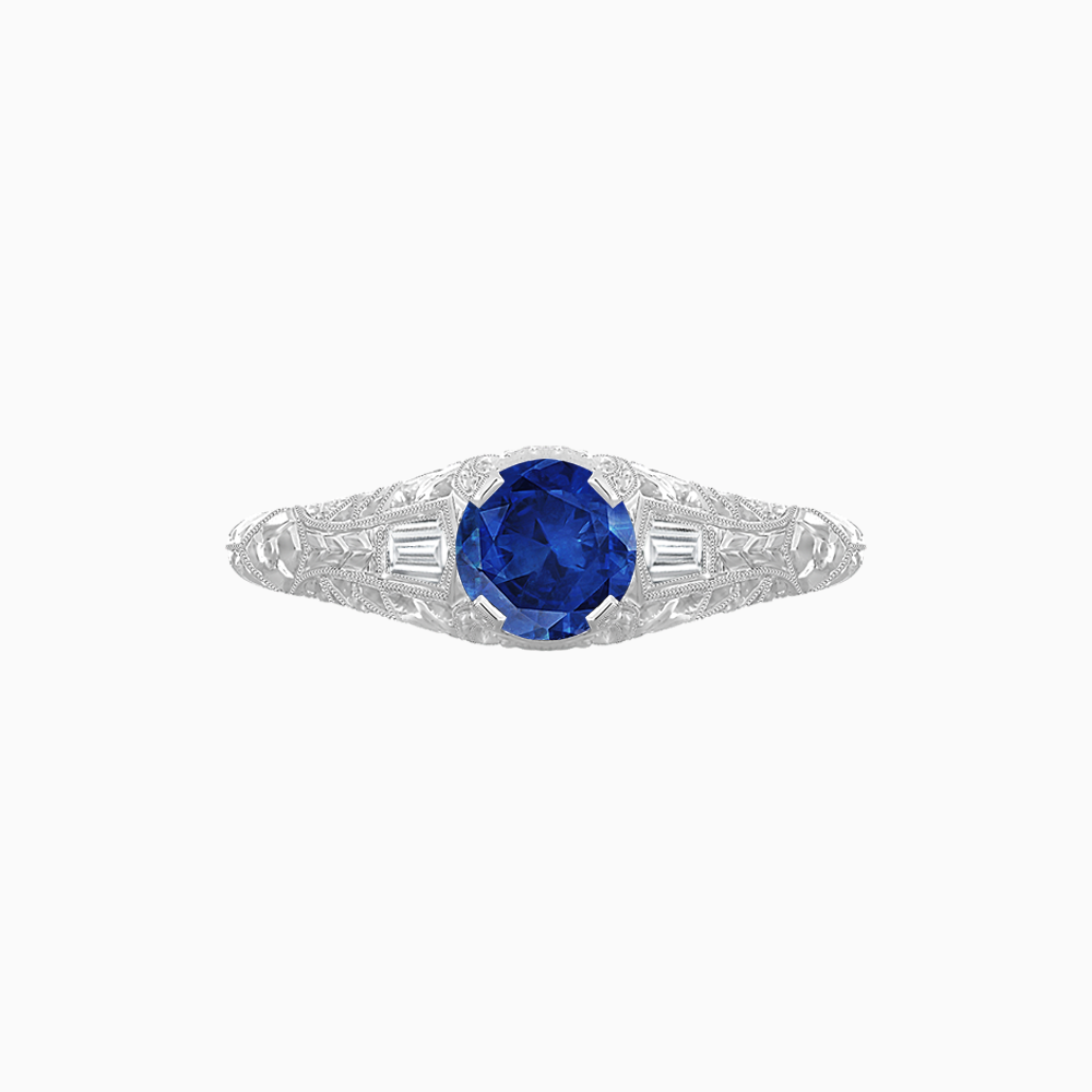 Vintage-Inspired Engraved Sapphire and Diamond Ring in Platinum