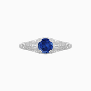 Vintage-Inspired Engraved Sapphire and Diamond Ring in Platinum
