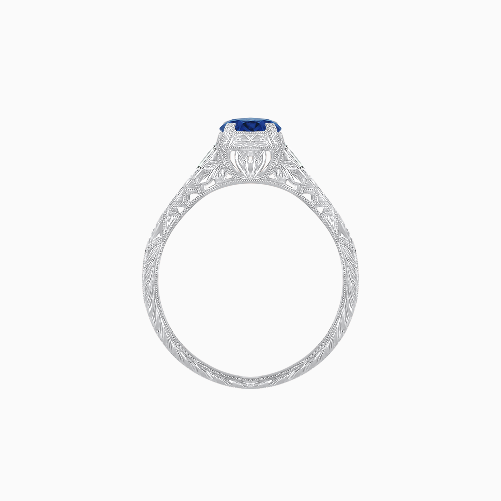 Vintage-Inspired Engraved Sapphire and Diamond Ring in Platinum