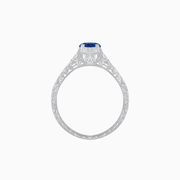 Vintage-Inspired Engraved Sapphire and Diamond Ring in Platinum