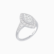 Art Deco–Inspired Platinum Marquise Diamond Ring with Baguette Halo & Handcrafted Milgrain