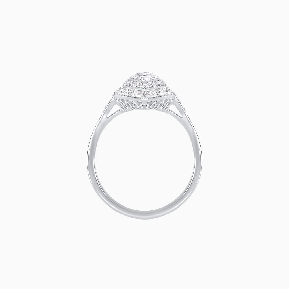 Art Deco–Inspired Platinum Marquise Diamond Ring with Baguette Halo & Handcrafted Milgrain