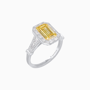 Emerald Cut Fancy Yellow Diamond Ring with Baguette Accents and Handcrafted Milgrain