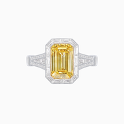 Emerald Cut Fancy Yellow Diamond Ring with Baguette Accents and Handcrafted Milgrain