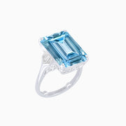 Platinum Emerald-Cut Aquamarine Ring with Tapered Baguette Diamonds & Milgrain Detailing