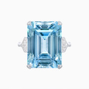 Platinum Emerald-Cut Aquamarine Ring with Tapered Baguette Diamonds & Milgrain Detailing