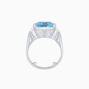 Platinum Emerald-Cut Aquamarine Ring with Tapered Baguette Diamonds & Milgrain Detailing