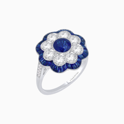 Platinum Sapphire & Diamond Cluster Ring with French Cut Sapphires and Handcrafted Milgrain