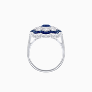 Platinum Sapphire & Diamond Cluster Ring with French Cut Sapphires and Handcrafted Milgrain