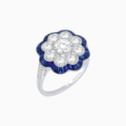 Platinum Diamond & Sapphire Cluster Ring with Handcrafted Milgrain