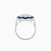Platinum Diamond & Sapphire Cluster Ring with Handcrafted Milgrain