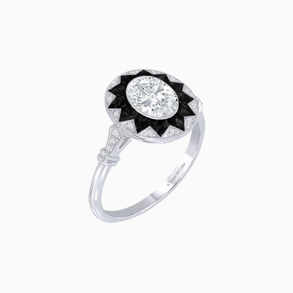Platinum Art Deco Style Oval Diamond, Calibre-Cut Onyx & Diamond Starburst Halo Ring with GIA Certification