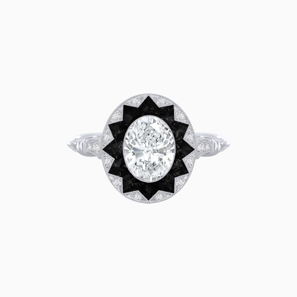 Platinum Art Deco Style Oval Diamond, Calibre-Cut Onyx & Diamond Starburst Halo Ring with GIA Certification