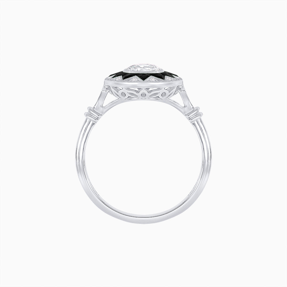 Platinum Art Deco Style Oval Diamond, Calibre-Cut Onyx & Diamond Starburst Halo Ring with GIA Certification