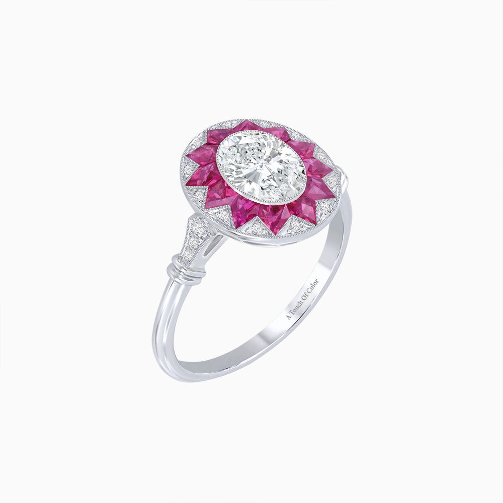 Platinum Oval Diamond & Calibre-Cut Ruby Halo Ring with GIA Certification