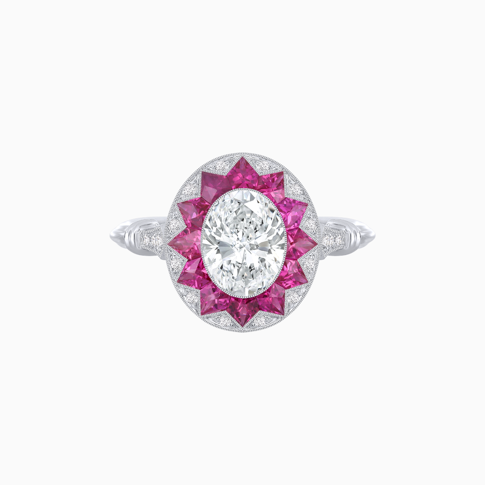Platinum Oval Diamond & Calibre-Cut Ruby Halo Ring with GIA Certification