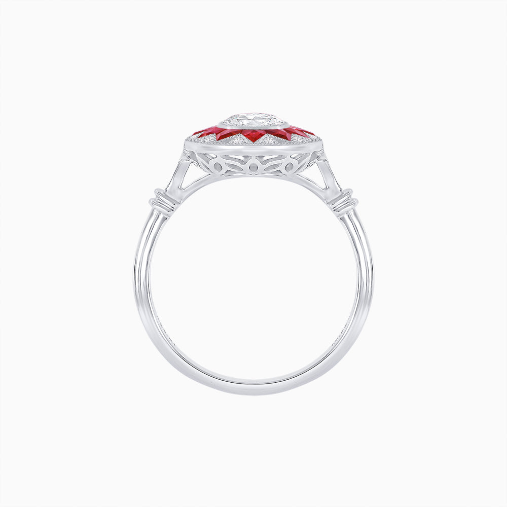 Platinum Oval Diamond & Calibre-Cut Ruby Halo Ring with GIA Certification