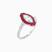 Art Deco Inspired Marquise Diamond & French-Cut Ruby Halo Ring in Platinum 950  (0.70 CT Center )