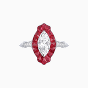 Art Deco Inspired Marquise Diamond & French-Cut Ruby Halo Ring in Platinum 950  (0.70 CT Center )