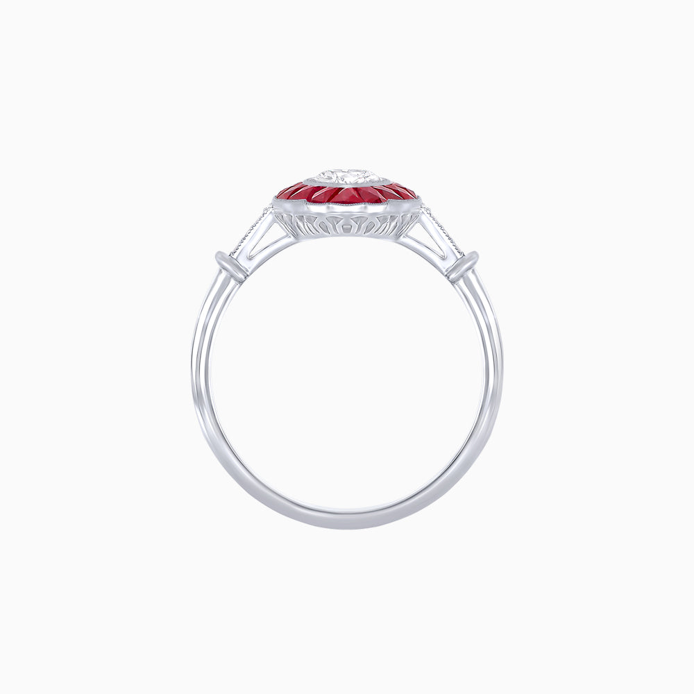 Art Deco Inspired Marquise Diamond & French-Cut Ruby Halo Ring in Platinum 950  (0.70 CT Center )