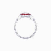 Art Deco Inspired Marquise Diamond & French-Cut Ruby Halo Ring in Platinum 950  (0.70 CT Center )