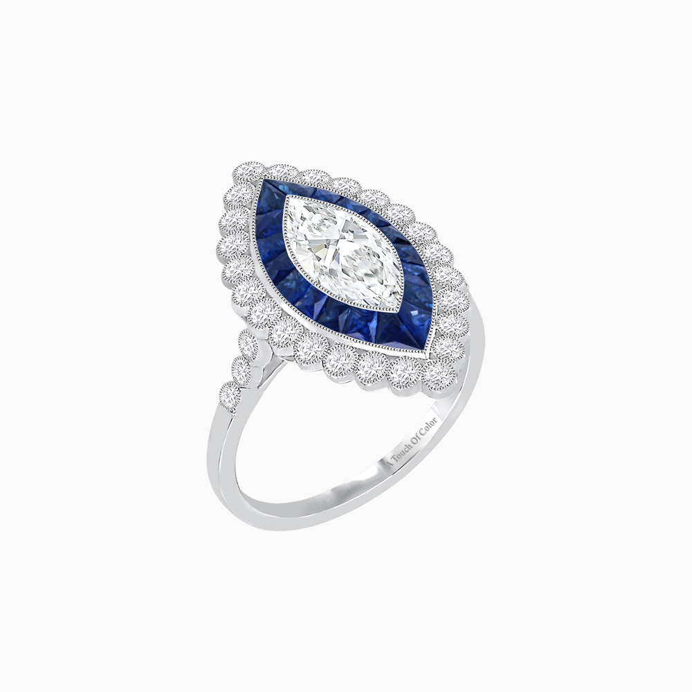 Art Deco Style Marquise Diamond & French Cut Sapphire Halo Ring in Platinum