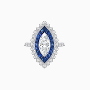 Art Deco Style Marquise Diamond & French Cut Sapphire Halo Ring in Platinum