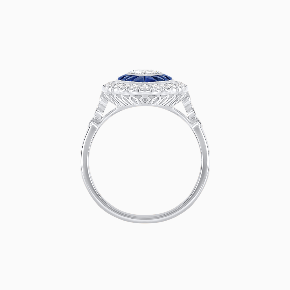 Art Deco Style Marquise Diamond & French Cut Sapphire Halo Ring in Platinum
