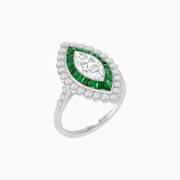 Art Deco Style Marquise Diamond & French Cut Emerald Halo Ring in Platinum
