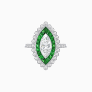 Art Deco Style Marquise Diamond & French Cut Emerald Halo Ring in Platinum