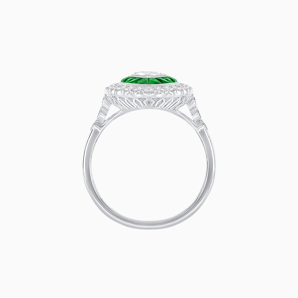 Art Deco Style Marquise Diamond & French Cut Emerald Halo Ring in Platinum