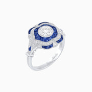 Art Deco Platinum (PT950) Ring with 1.00 CT VS1 Diamond & French-Cut Blue Sapphire Halo, Milgrain Detail