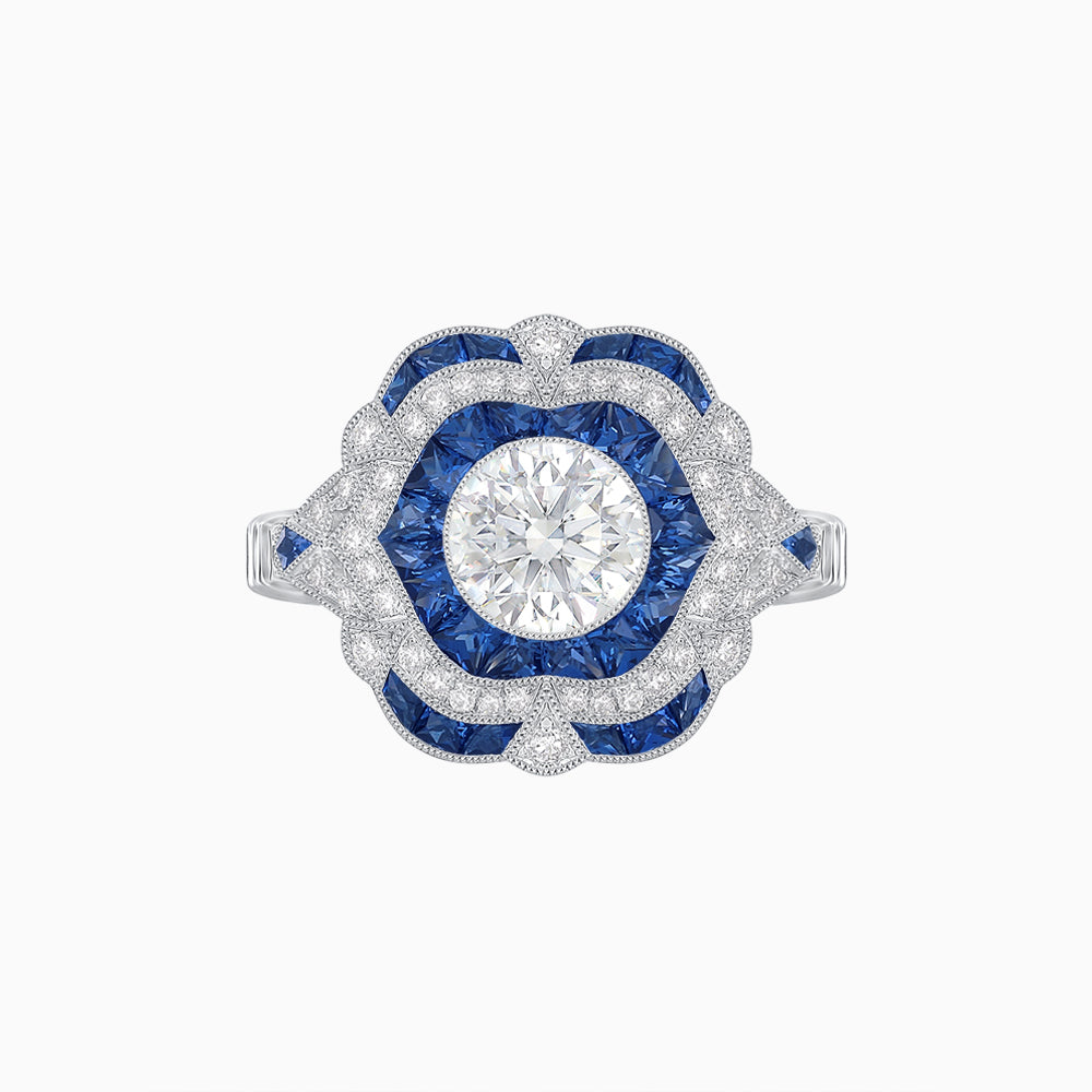 Art Deco Platinum (PT950) Ring with 1.00 CT VS1 Diamond & French-Cut Blue Sapphire Halo, Milgrain Detail