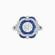 Art Deco Platinum (PT950) Ring with 1.00 CT VS1 Diamond & French-Cut Blue Sapphire Halo, Milgrain Detail
