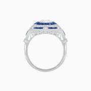 Art Deco Platinum (PT950) Ring with 1.00 CT VS1 Diamond & French-Cut Blue Sapphire Halo, Milgrain Detail