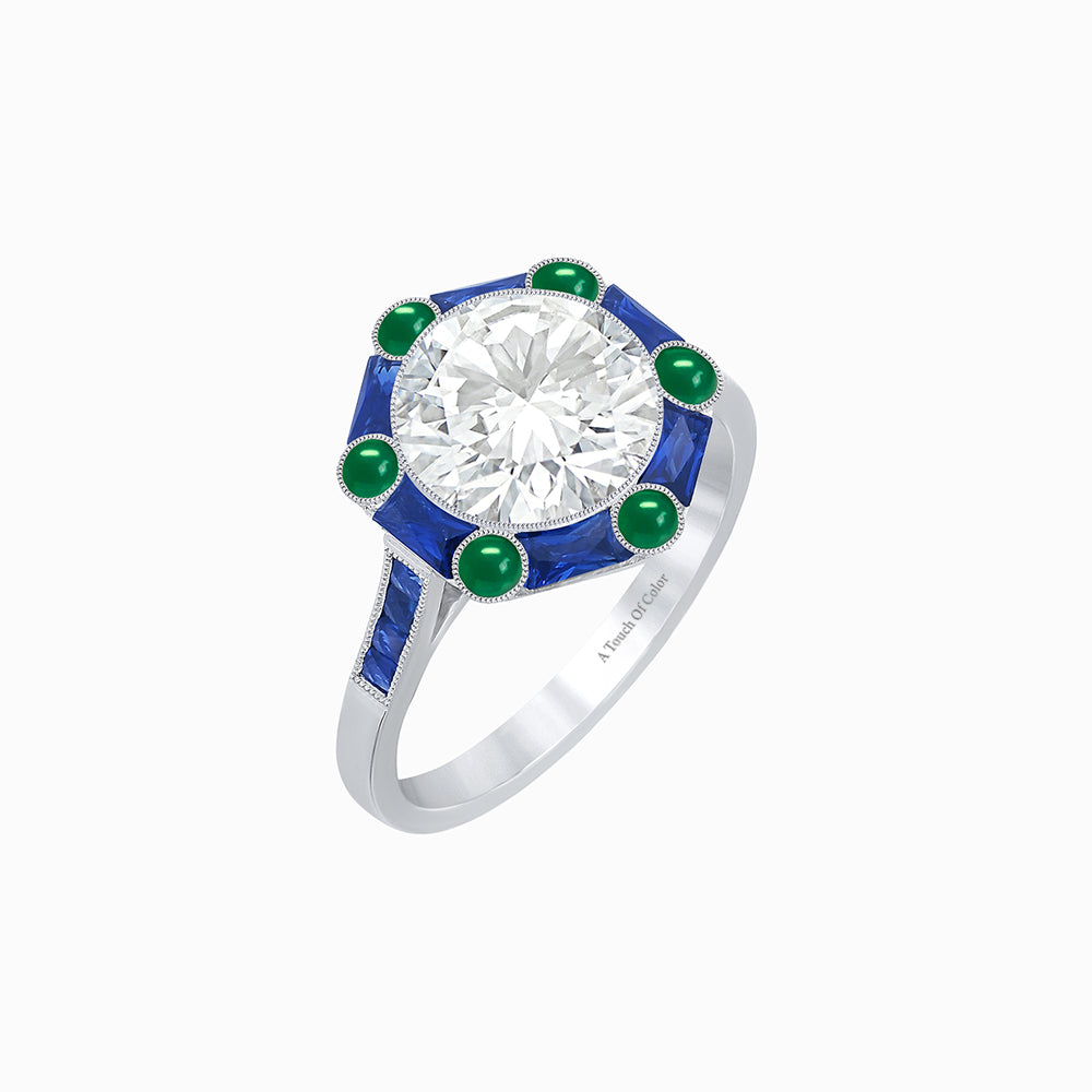 Art Deco Inspired Platinum Ring with Diamond, Blue Sapphires & Agates