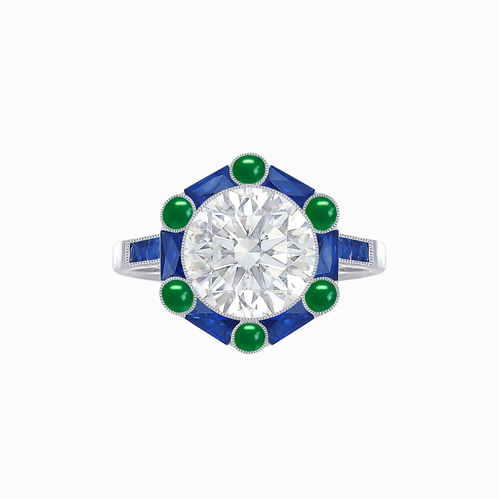 Art Deco Inspired Platinum Ring with Diamond, Blue Sapphires & Agates