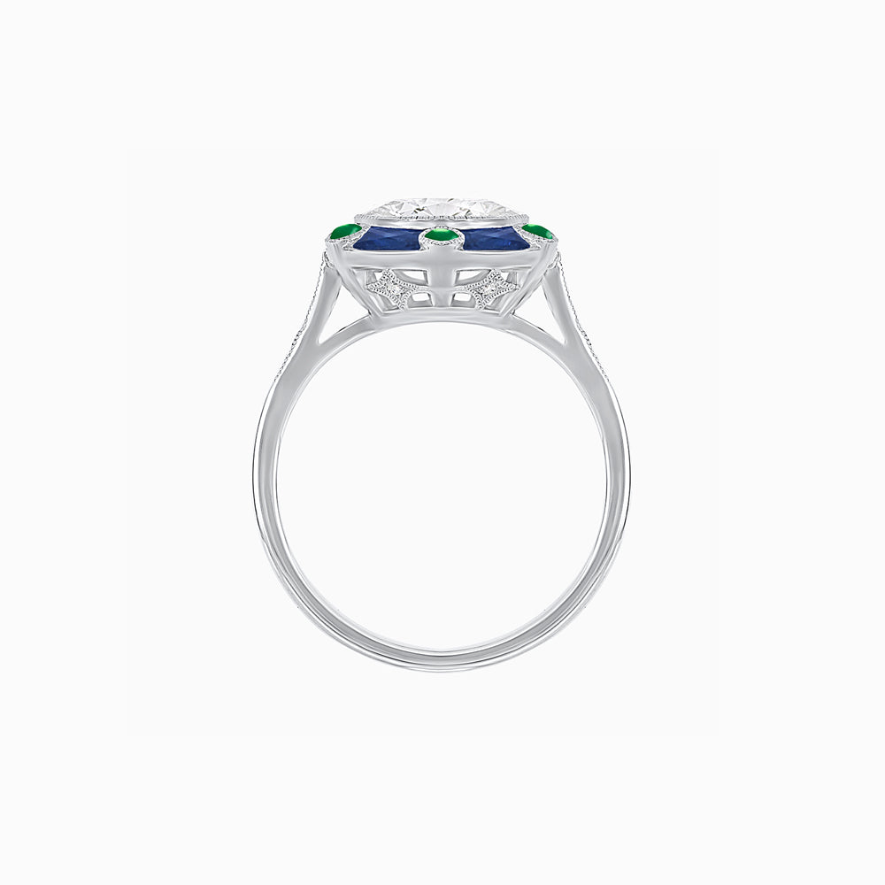 Art Deco Inspired Platinum Ring with Diamond, Blue Sapphires & Agates