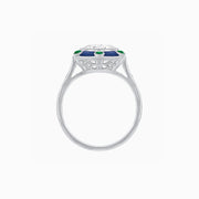Art Deco Inspired Platinum Ring with Diamond, Blue Sapphires & Agates