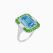 Platinum Aquamarine & Tsavorite Art Deco–Inspired Ring with Baguette and Round Diamonds